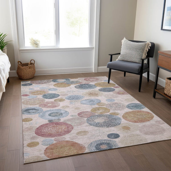 HomeRoots 5' Contemporary Blush Blue and Taupe Geometric Area Rug for Indoor and Outdoor Spaces, Washable 5' X 8' 624984