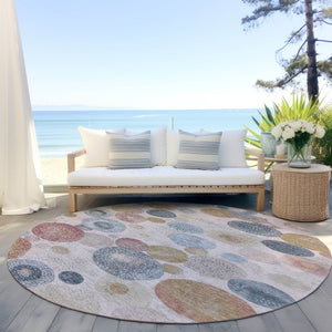 HomeRoots 5' Contemporary Blush Blue and Taupe Geometric Area Rug for Indoor and Outdoor Spaces, Washable 8' Round 624985