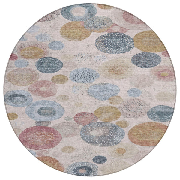 HomeRoots 5' Contemporary Blush Blue and Taupe Geometric Area Rug for Indoor and Outdoor Spaces, Washable 8' Round 624985