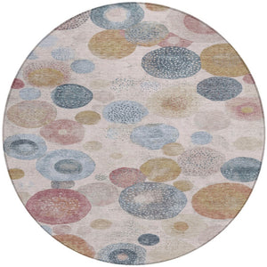 HomeRoots 5' Contemporary Blush Blue and Taupe Geometric Area Rug for Indoor and Outdoor Spaces, Washable 8' Round 624985