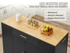 English Elm 53 Inch Kitchen Island With Hidden Trash Can, Adjustable Shelves & Drawer - Stylish Black & Oak Design W1820P199484