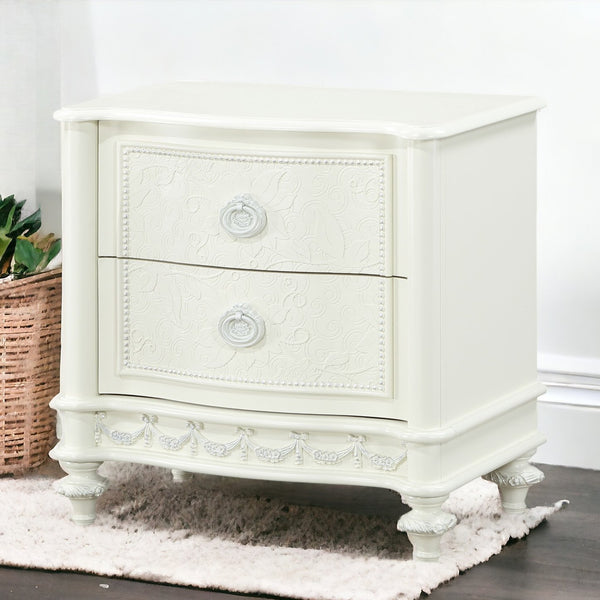English Elm Ivory Romantic 2-Drawer Nightstand with Floral Ring Pulls, Smooth Metal Glides, Elegant Bedroom Accent B062P209005