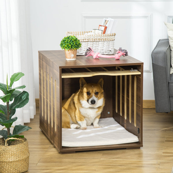 English Elm PawHut Modern Dog Crate End Table with Removable Sliding Door, Foam Cushion, Lock, Indoor Pet Haven Brown W2225P217302