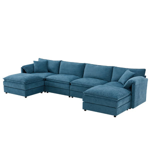 English Elm [new U-shaped Chenille Cloud Sectional 6 Seat Modular Sofa with Movable Ottoman Blue N723S6546C