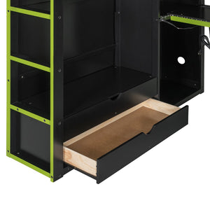 English Elm Full Size Gaming Loft Bed with Rgb Lighting Desk Wardrobe and Mdf Wood Frame LT000261AAG