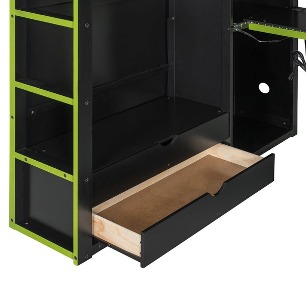 English Elm Full Size Gaming Loft Bed with Rgb Lighting Desk Wardrobe and Built-in Storage Green LT100261AAG