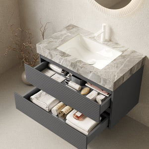 English Elm Dina Floating Bathroom Vanity Sintered Stone Top Glass Basin Striped Plywood Cabinet W2615S00538