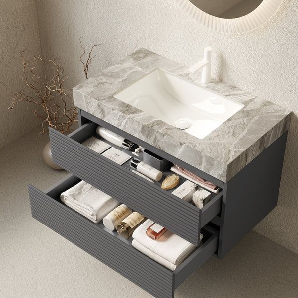 English Elm Dina Floating Bathroom Vanity Sintered Stone Top Glass Basin Striped Plywood Cabinet W2615S00538