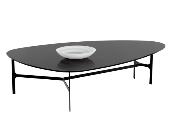 Sunpan Kiernan Coffee Table - Stylish Mid-Century Design with Curved Black Glass Top & Matte Metal Frame