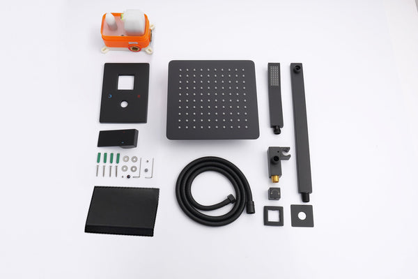 English Elm Rain 10-Inch Square Shower System with Waterfall Tub Spout, Handheld Sprayer, Pressure-Balanced Valve Combo Matte Black T3177P269099