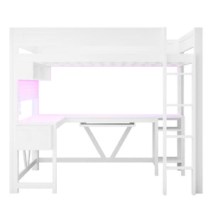 English Elm Wood Full Size Gaming Loft Bed With Desk, Led Lights, Storage Shelves & Charging Station - White N7090004022K-GIGA