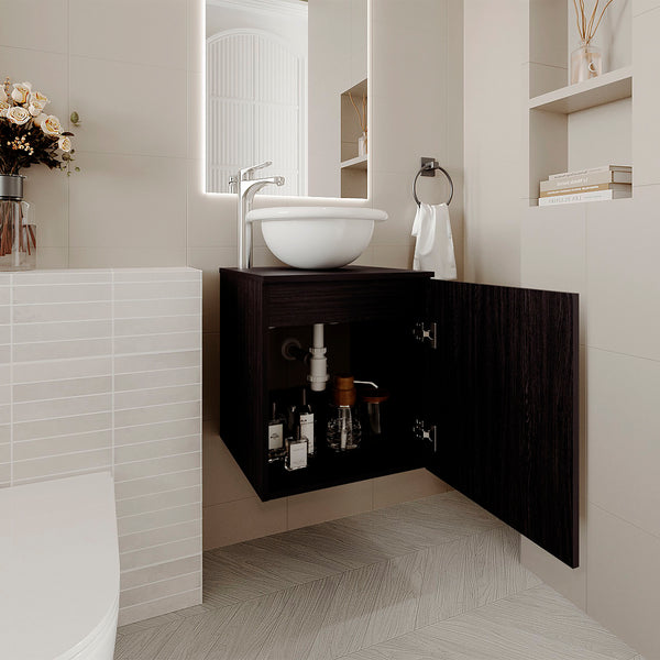 English Elm Bathroom Sleek Single-Door Vanity with Integrated Sink — Modern Minimalist Engineered Wood Storage, Durable & Eco-Friendly Black 26.38 L x 22.44 W x 11.42 H B097P296811