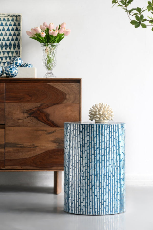 English Elm 14x14x20" Capiz Shell Inlay Pedestal Stool Coastal Bohemian Accent Side Table W2078P487474