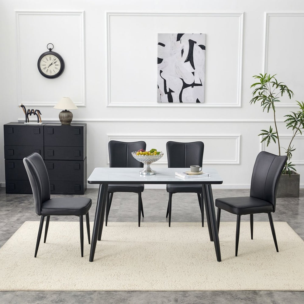 English Elm Table and Chair Set Modern Marble Glass Top with Black Metal Legs Pu Dining Chairs W1151S04659