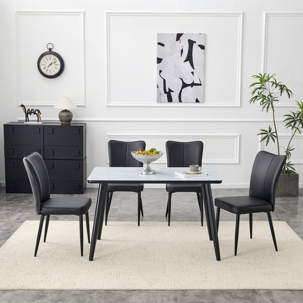 English Elm Table and Chair Set Modern Marble Glass Top with Black Metal Legs Pu Dining Chairs W1151S04659