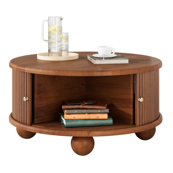 English Elm Round Fluted Pine Wood Coffee Table with Hidden Sliding Door Storage for Living Room Walnut N735P369879D