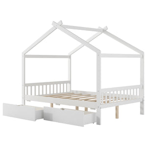 English Elm Full House Platform Bed with Roof Design and Two Drawers, Pine/MDF Durable Frame, Kid-Friendly Cozy Finish White WF292923AAK