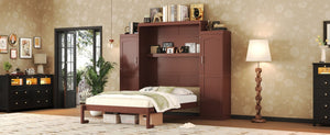 English Elm Queen Murphy Wall Bed Walnut Wooden Frame Dual Wardrobes Foldable Guest Room Storage N733S235627D