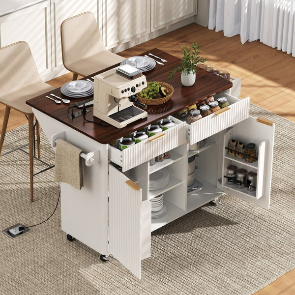 English Elm K&k Fluted Rolling Kitchen Island Faux Marble Top Power Outlet Drop Leaf Storage White N707S000019W