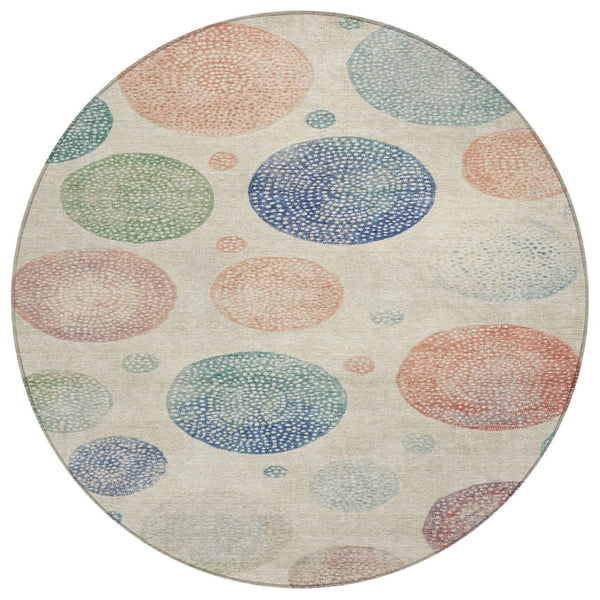 HomeRoots 5' Stylish Ivory and Peach Geometric Area Rug for Indoor and Outdoor Use – Durable, Washable Design 8' Round 625063