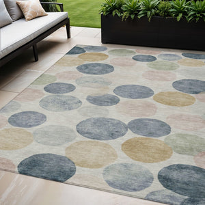 HomeRoots 5' Stylish Geometric Indoor/Outdoor Area Rug in Beige, Navy Blue & Gold - Washable & Durable Design 5' X 8' 625074