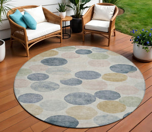 HomeRoots 5' Stylish Geometric Indoor/Outdoor Area Rug in Beige, Navy Blue & Gold - Washable & Durable Design 8' Round 625075