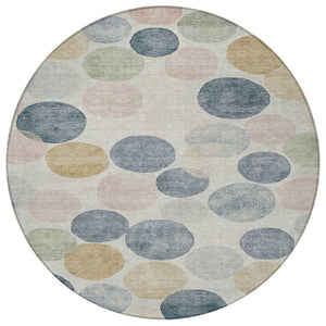 HomeRoots 5' Stylish Geometric Indoor/Outdoor Area Rug in Beige, Navy Blue & Gold - Washable & Durable Design 8' Round 625075