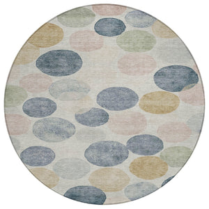 HomeRoots 5' Stylish Geometric Indoor/Outdoor Area Rug in Beige, Navy Blue & Gold - Washable & Durable Design 8' Round 625075