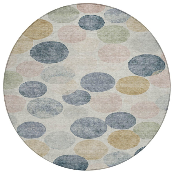 HomeRoots 5' Stylish Geometric Indoor/Outdoor Area Rug in Beige, Navy Blue & Gold - Washable & Durable Design 8' Round 625075