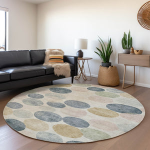 HomeRoots 5' Stylish Geometric Indoor/Outdoor Area Rug in Beige, Navy Blue & Gold - Washable & Durable Design 8' Round 625075