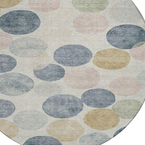 HomeRoots 5' Stylish Geometric Indoor/Outdoor Area Rug in Beige, Navy Blue & Gold - Washable & Durable Design 8' Round 625075
