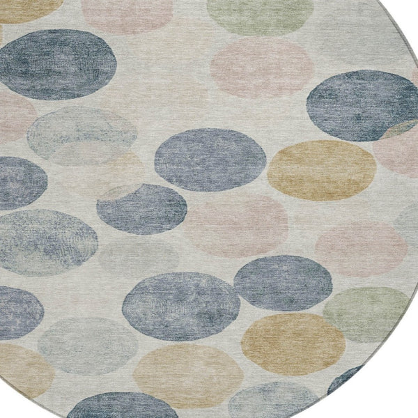 HomeRoots 5' Stylish Geometric Indoor/Outdoor Area Rug in Beige, Navy Blue & Gold - Washable & Durable Design 8' Round 625075