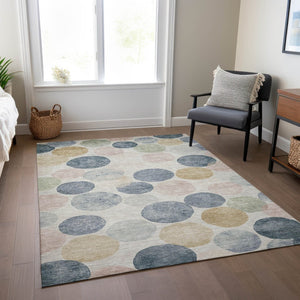 HomeRoots 5' Stylish Geometric Indoor/Outdoor Area Rug in Beige, Navy Blue & Gold - Washable & Durable Design 9' X 12' 625077
