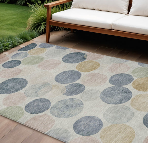 HomeRoots 5' Stylish Geometric Indoor/Outdoor Area Rug in Beige, Navy Blue & Gold - Washable & Durable Design 10' X 14' 625078
