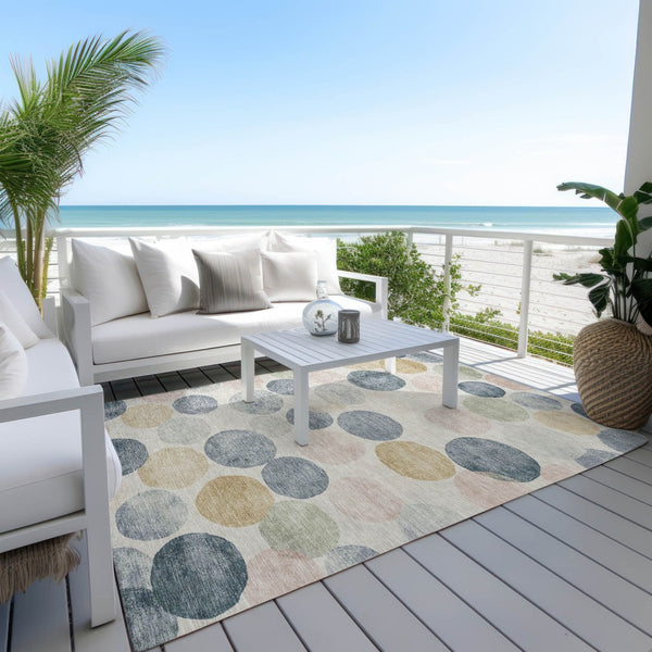 HomeRoots 5' Stylish Geometric Indoor/Outdoor Area Rug in Beige, Navy Blue & Gold - Washable & Durable Design 10' X 14' 625078