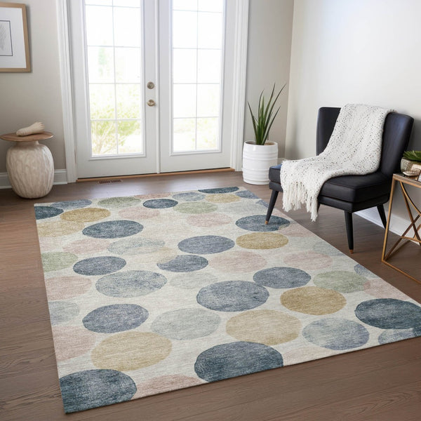 HomeRoots 5' Stylish Geometric Indoor/Outdoor Area Rug in Beige, Navy Blue & Gold - Washable & Durable Design 10' X 14' 625078