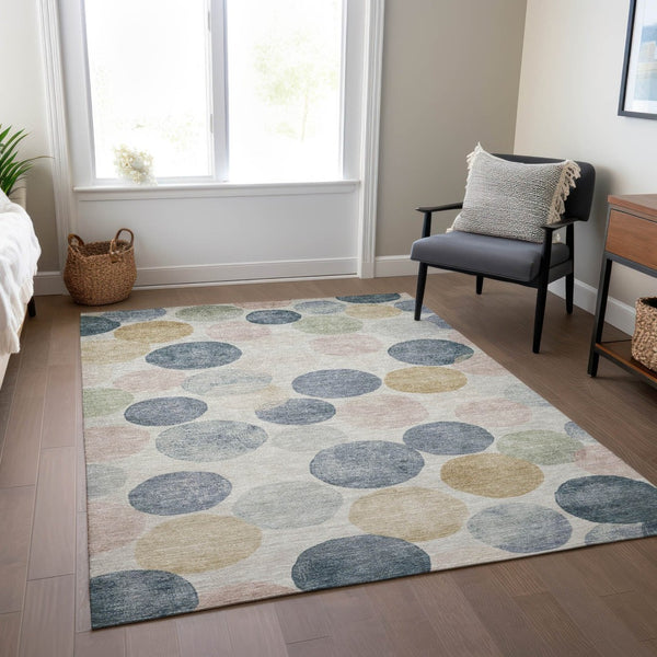 HomeRoots 5' Stylish Geometric Indoor/Outdoor Area Rug in Beige, Navy Blue & Gold - Washable & Durable Design 10' X 14' 625078