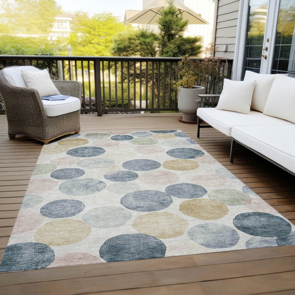 HomeRoots 5' Stylish Geometric Indoor/Outdoor Area Rug in Beige, Navy Blue & Gold - Washable & Durable Design 10' X 14' 625078