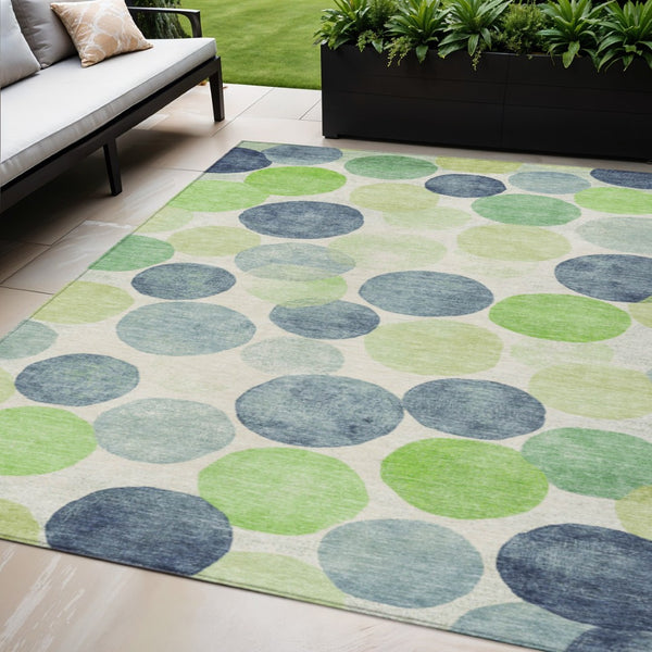 HomeRoots 5' Bold Modern Geometric Indoor Outdoor Area Rug in Navy Blue, Lime Green & Ivory – Washable! 5' X 8' 625086
