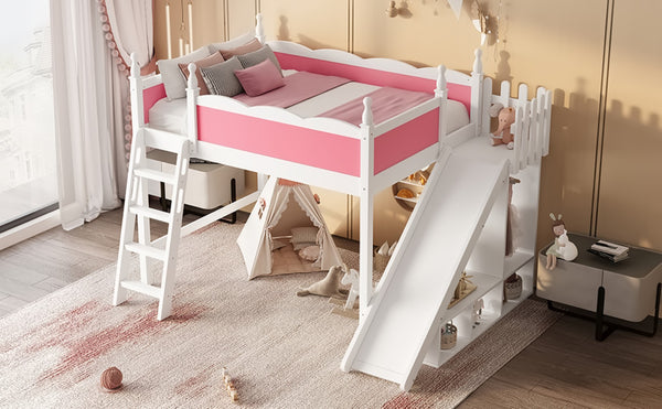 English Elm Twin Loft Bed Solid Pine Frame with Wardrobe Shelving Detachable Slide Kids Room W5305S00021