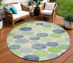 HomeRoots 5' Bold Modern Geometric Indoor Outdoor Area Rug in Navy Blue, Lime Green & Ivory – Washable! 8' Round 625087