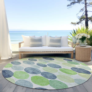 HomeRoots 5' Bold Modern Geometric Indoor Outdoor Area Rug in Navy Blue, Lime Green & Ivory – Washable! 8' Round 625087