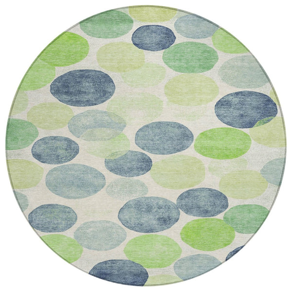 HomeRoots 5' Bold Modern Geometric Indoor Outdoor Area Rug in Navy Blue, Lime Green & Ivory – Washable! 8' Round 625087