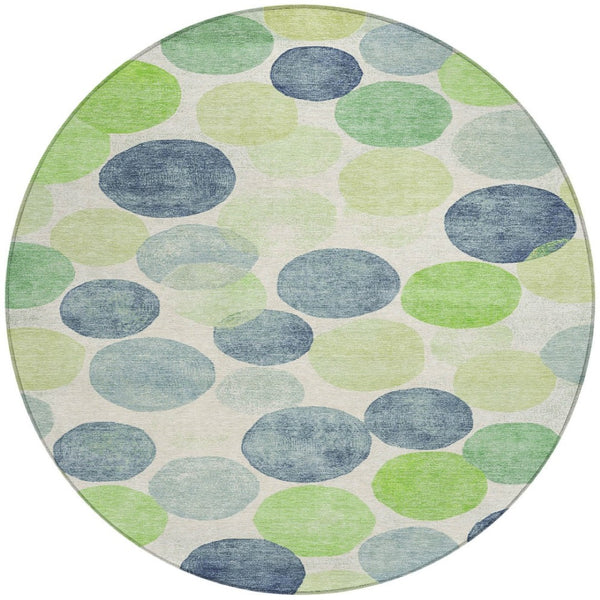 HomeRoots 5' Bold Modern Geometric Indoor Outdoor Area Rug in Navy Blue, Lime Green & Ivory – Washable! 8' Round 625087