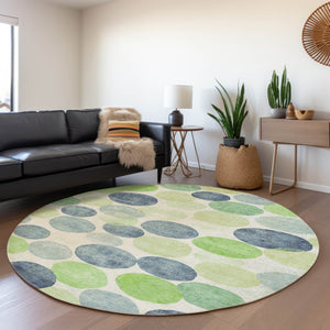 HomeRoots 5' Bold Modern Geometric Indoor Outdoor Area Rug in Navy Blue, Lime Green & Ivory – Washable! 8' Round 625087