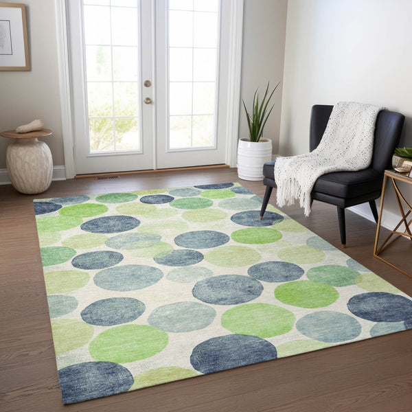 HomeRoots 5' Bold Modern Geometric Indoor Outdoor Area Rug in Navy Blue, Lime Green & Ivory – Washable! 8' X 10' 625088