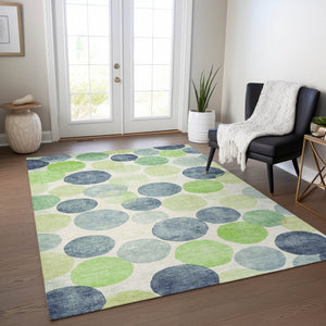HomeRoots 5' Bold Modern Geometric Indoor Outdoor Area Rug in Navy Blue, Lime Green & Ivory – Washable! 9' X 12' 625089