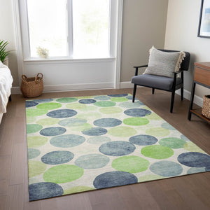 HomeRoots 5' Bold Modern Geometric Indoor Outdoor Area Rug in Navy Blue, Lime Green & Ivory – Washable! 9' X 12' 625089