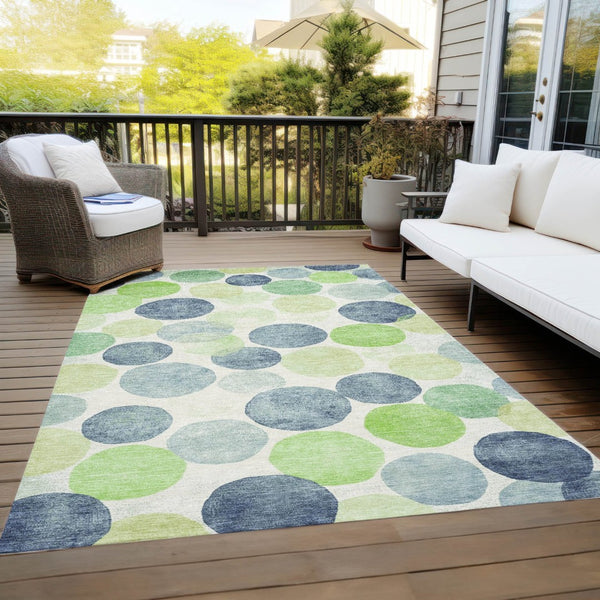 HomeRoots 5' Bold Modern Geometric Indoor Outdoor Area Rug in Navy Blue, Lime Green & Ivory – Washable! 9' X 12' 625089