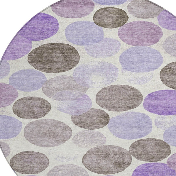 HomeRoots 5' Stylish Geometric Washable Area Rug in Purple, Brown, and Ivory for Indoor & Outdoor Use 8' Round 625099